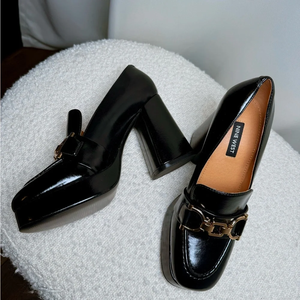 Nine West Black Patent Platform Block Heel Loafers with Gold Buckle